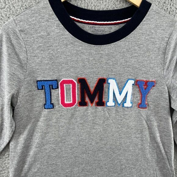 TOMMY HILFIGER Cropped Pajama Shirt Embroidered logo appliqués vasity style Y2K - Picture 6 of 14